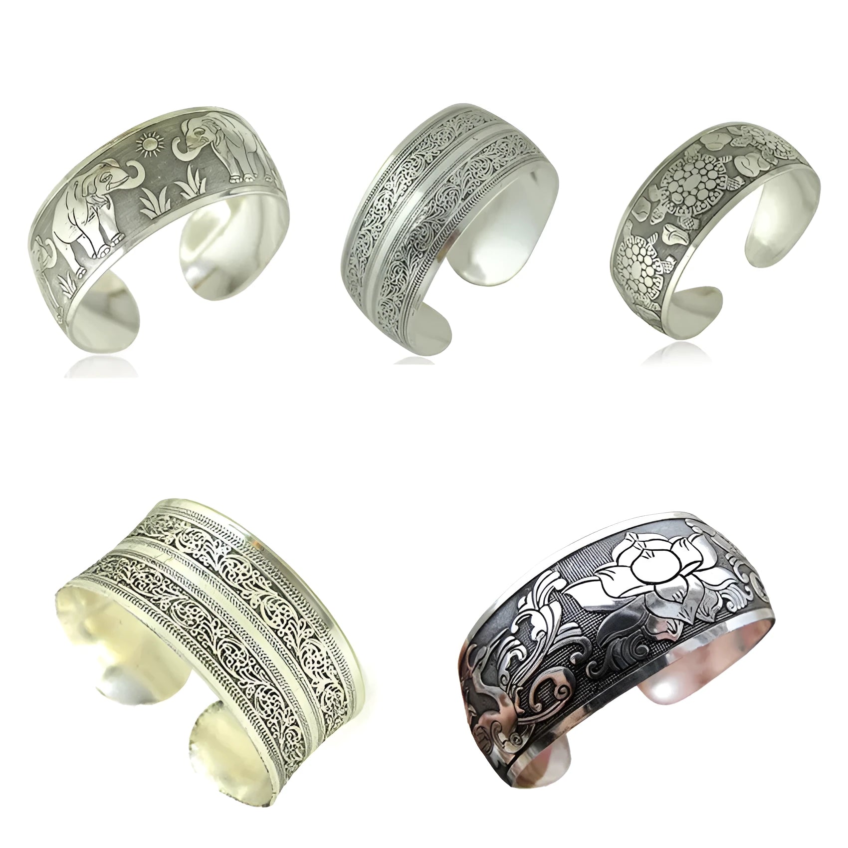 Ethnic Miao silver carved open bracelet with Roman shape design in alloy construction