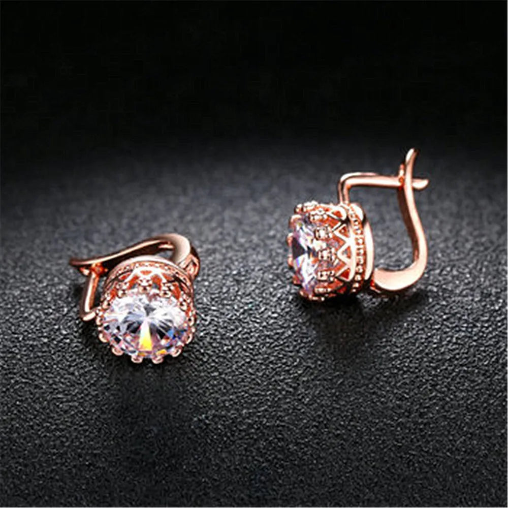 Korean retro crown earrings with crystal diamonds in rose gold and white gold colour options