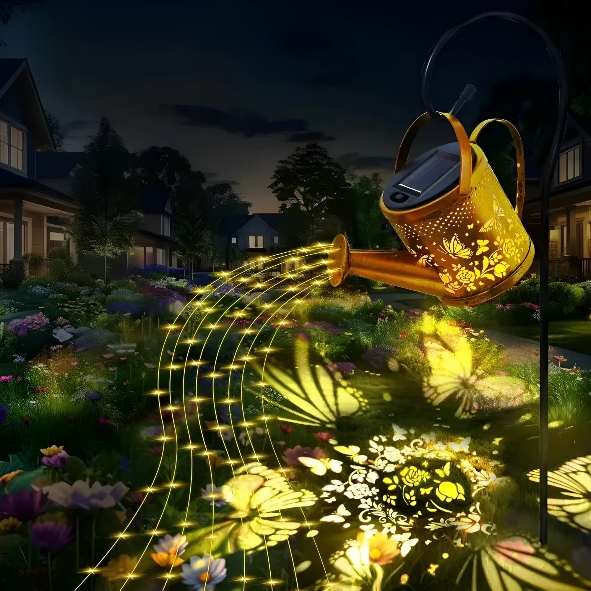 Solar-powered wrought iron kettle light with butterfly design for outdoor courtyard decoration