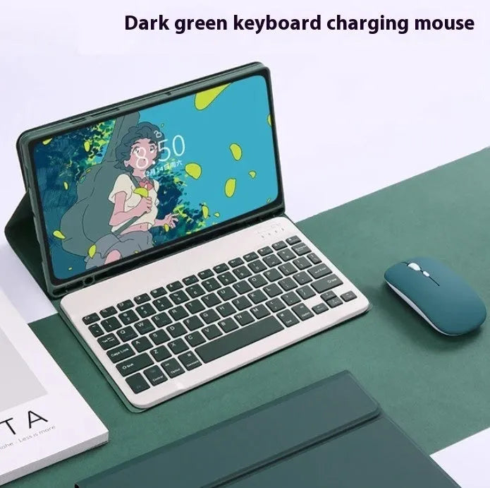 Samsung Galaxy tablet in a TPU keyboard case with a Bluetooth charging mouse, shown in Elegant Pink colour.