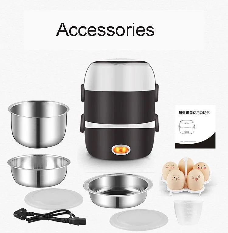 Insulated electric heating lunch box with USB port showing 190mm cube dimensions