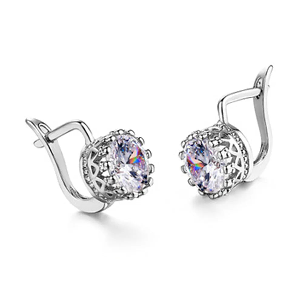 Korean retro crown earrings with crystal diamonds in rose gold and white gold colour options