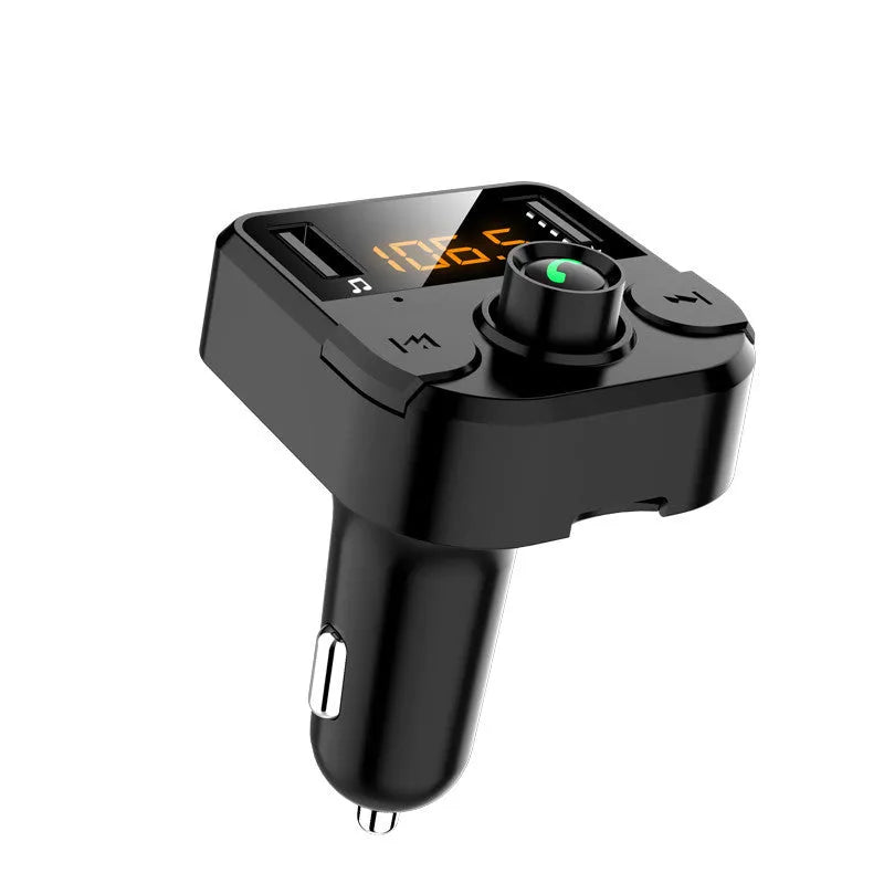 Black BT36B car MP3 Bluetooth player with display, plugged into a car cigarette lighter socket.
