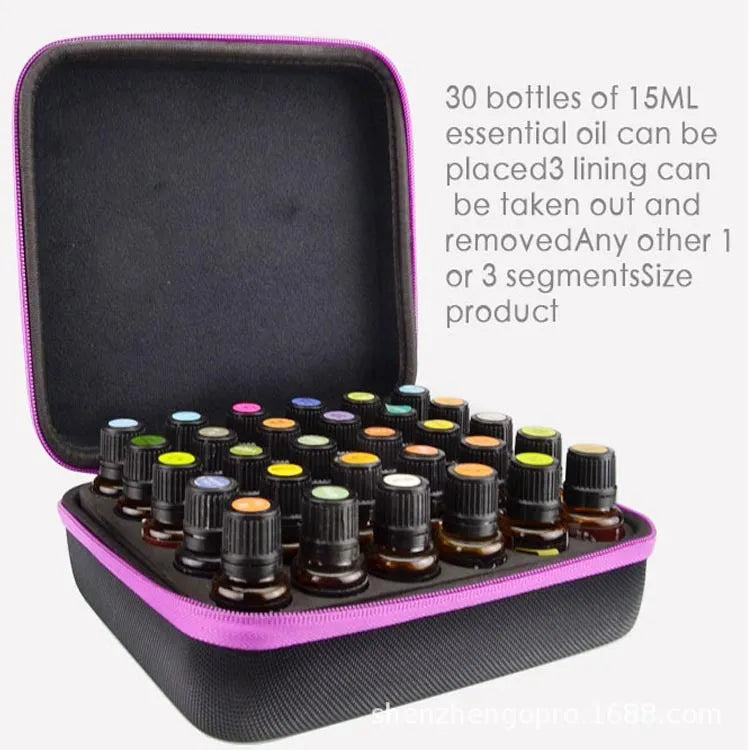 Red EVA essential oil storage bag with 30 compartments for 15ml bottles, shown with zipper open.