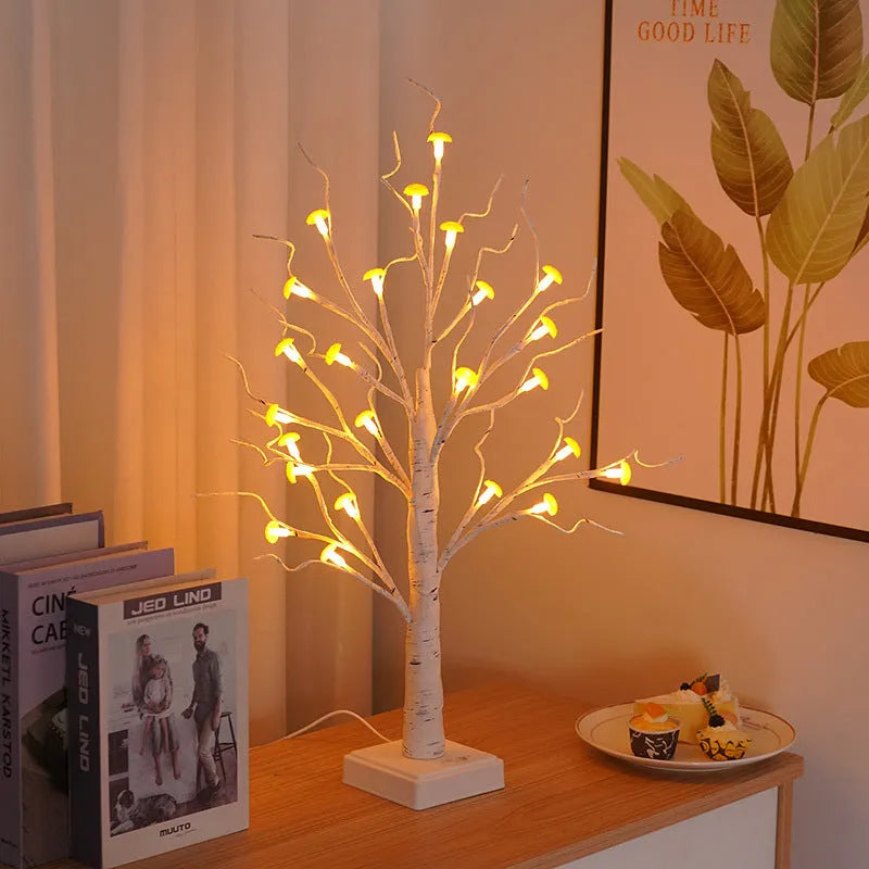 60cm tall LED mushroom tree lamp with 24 white flowers on birch design, warm white lighting