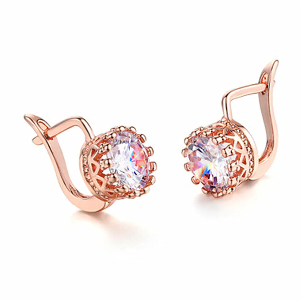 Korean retro crown earrings with crystal diamonds in rose gold and white gold colour options