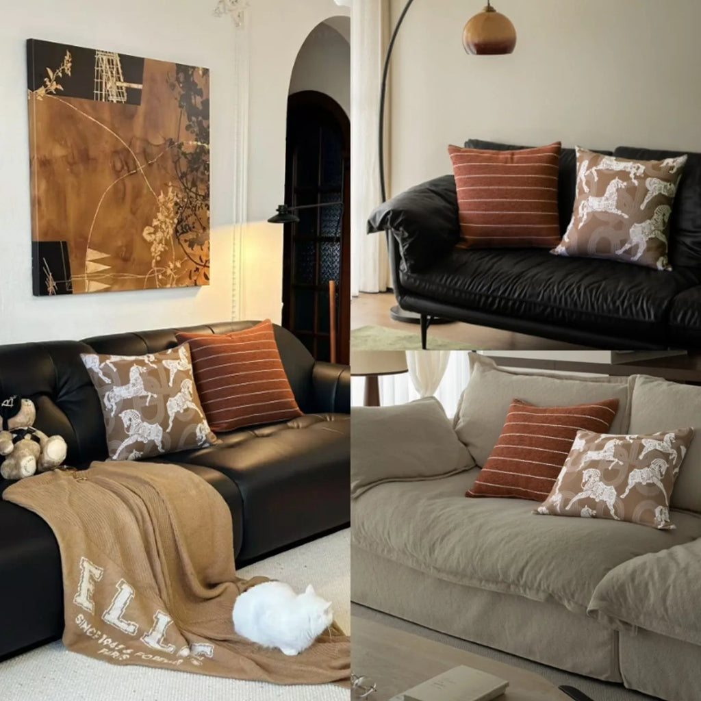 Chinese ancient style Maillard colour square cushion with geometric pattern on sofa