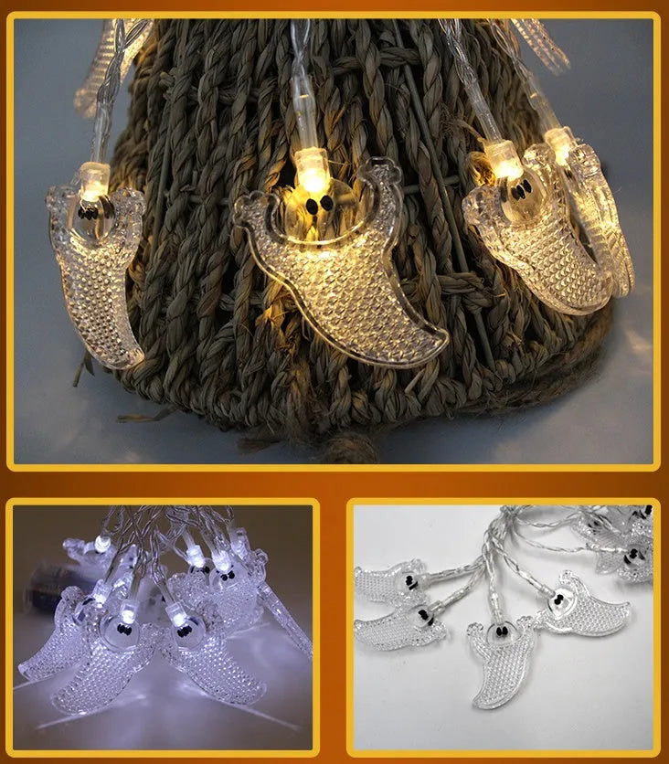 Halloween LED string lights with pumpkin lantern and ghost pendants on 1.2m cord