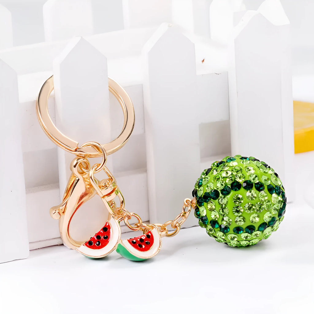Green watermelon-shaped zinc alloy keychain measuring 12cm in length