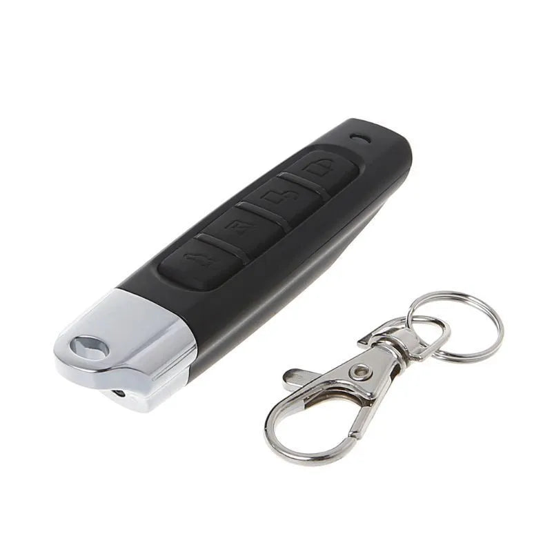 Universal rolling door remote control programmer in black showing 433MHZ frequency and copy/test functions