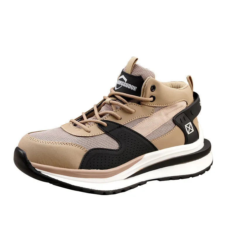 Steel toe cap safety work shoes with lace-up front and flat knitted uppers in black, brown, and grey