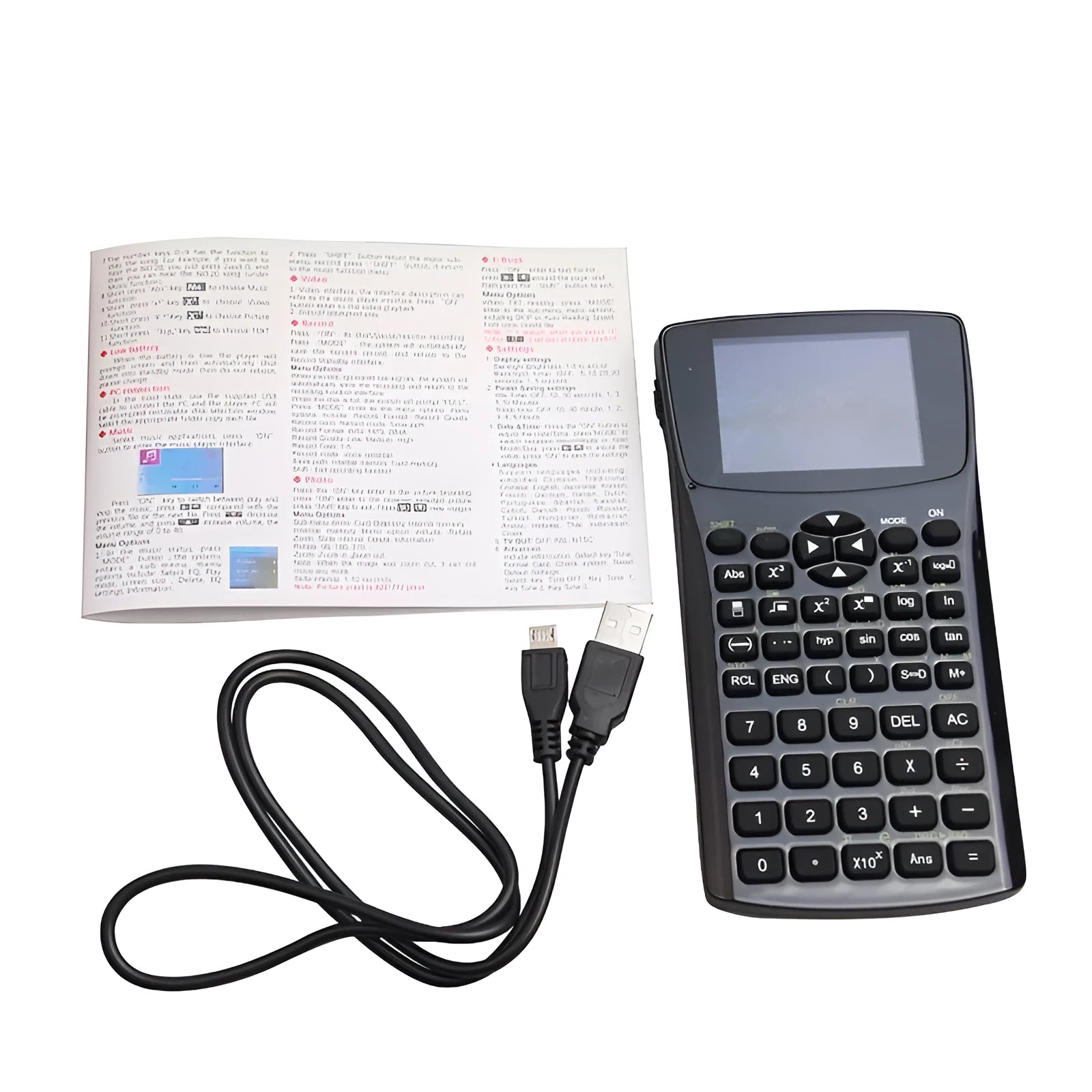 Black multifunctional e-book reader with a colour screen and adjustable strap showing language menu and media icons.