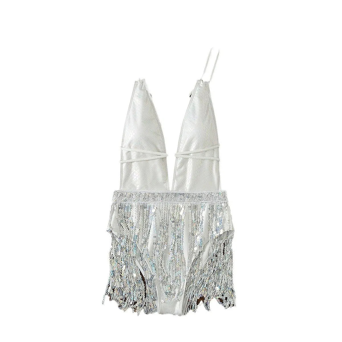 White deep V-neck women's swimsuit with tassel trim on briefs-style bottom