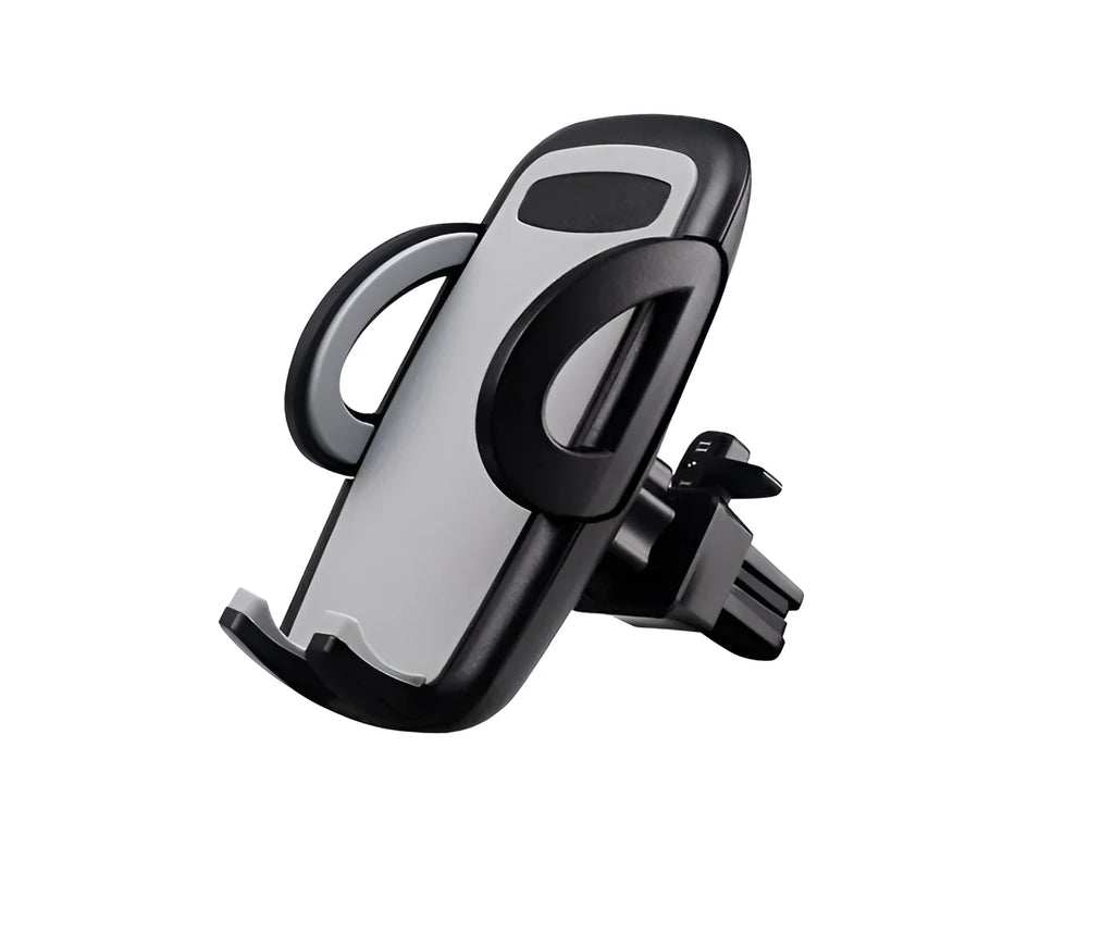 Black car air vent mobile phone holder attached to air conditioning outlet holding smartphone