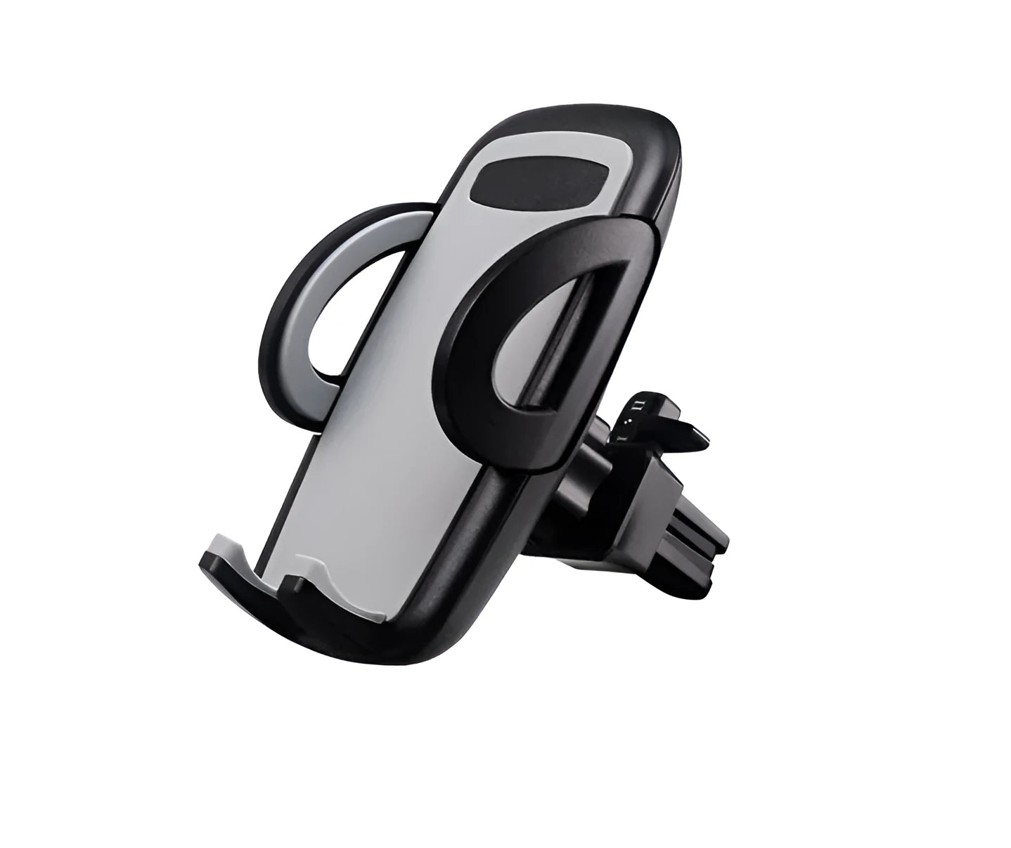 Black car air vent mobile phone holder attached to air conditioning outlet holding smartphone