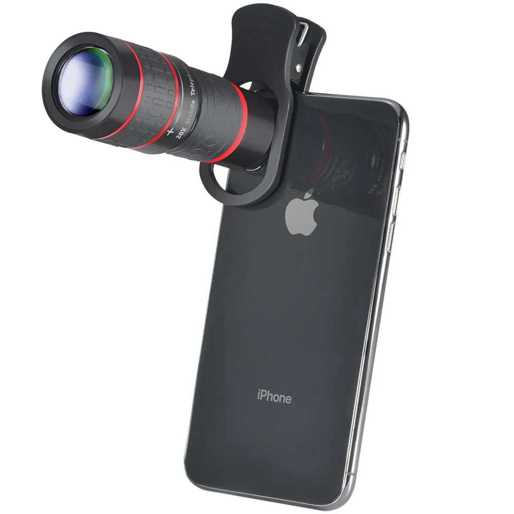 20x smartphone telescope lens with universal mounting clip and eye mask for distant viewing