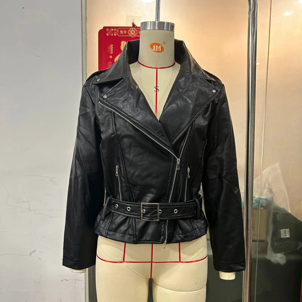 Punk style short belt lapel jacket with leather locomotive detailing in polyester fibre