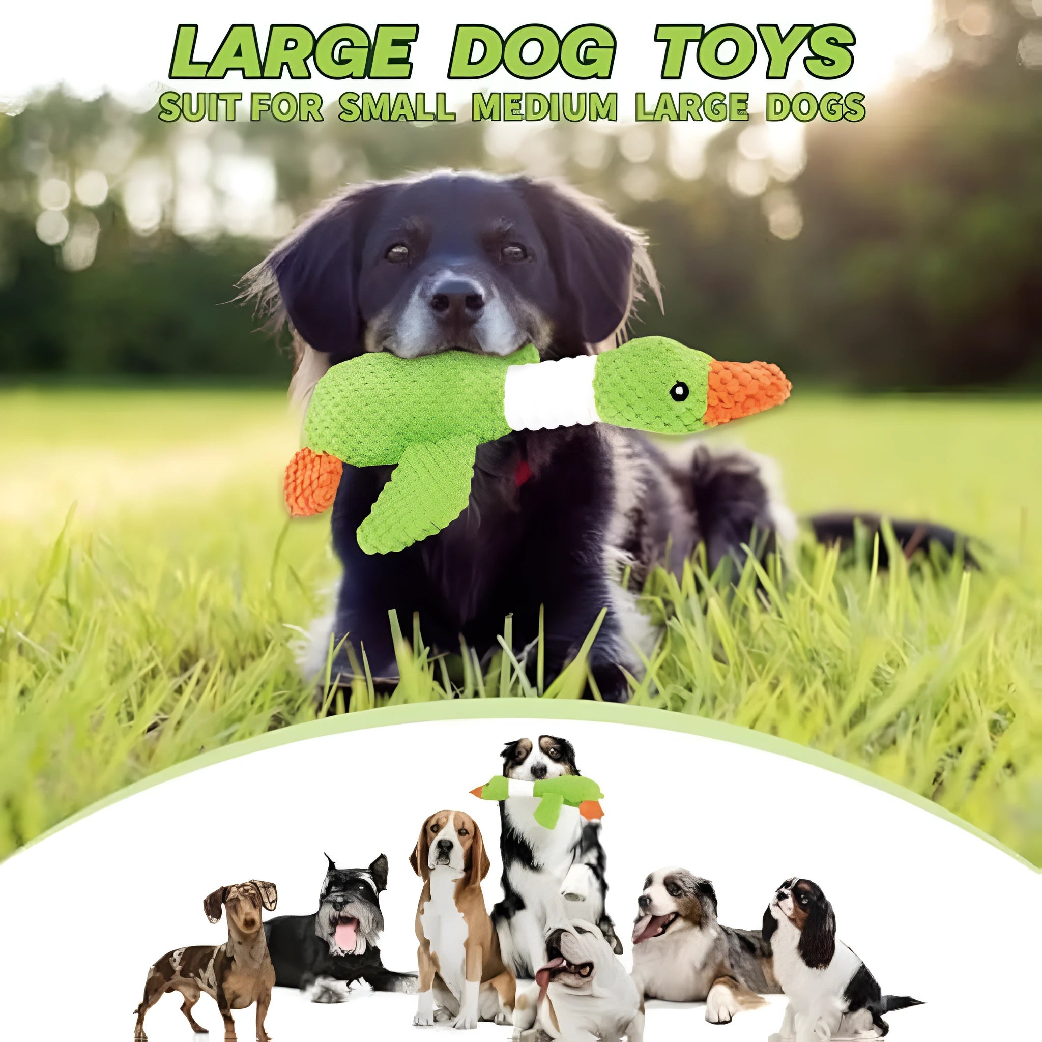 Blue duck-shaped plush dog toy with dual squeakers measuring 33cm long