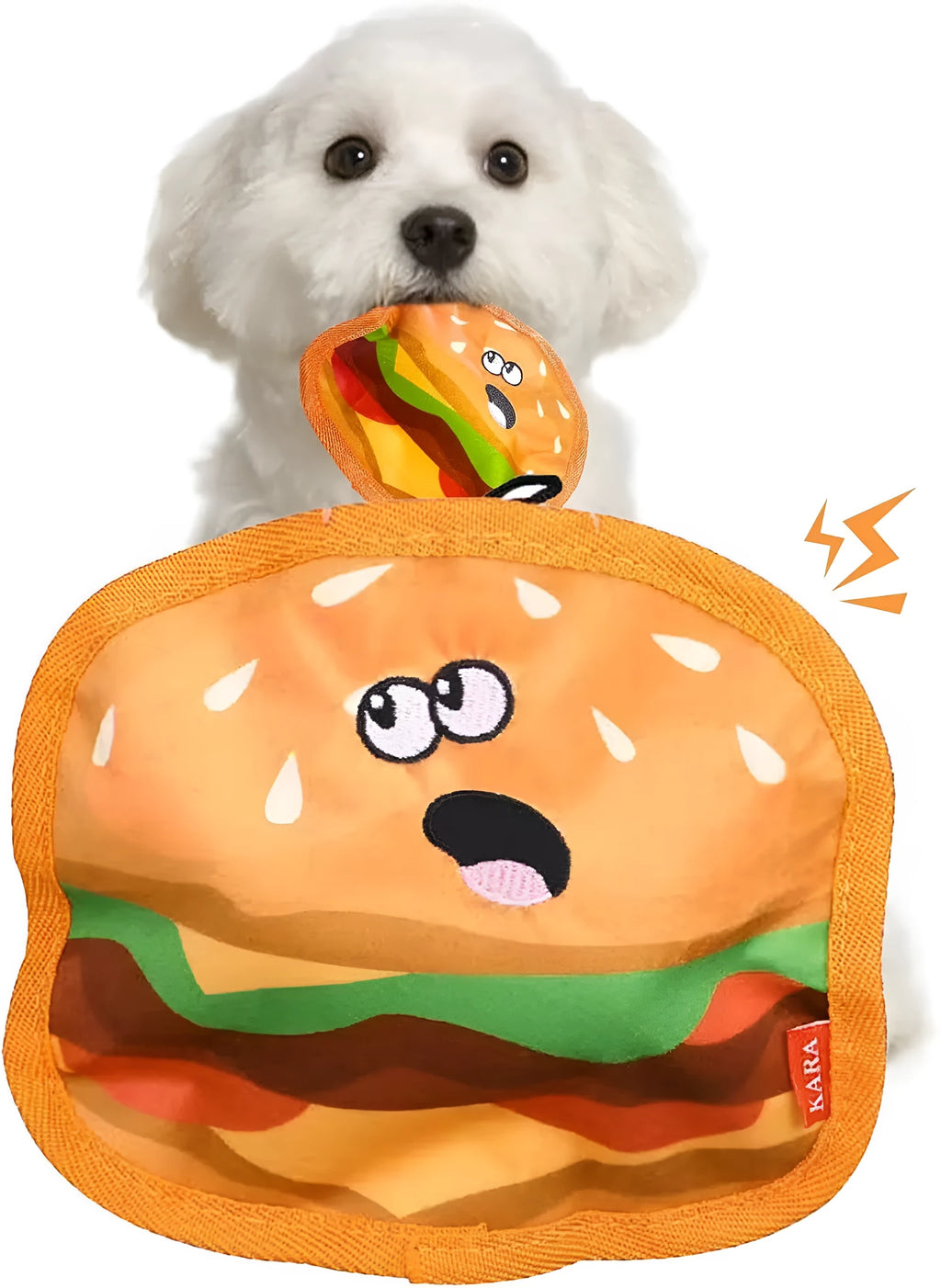 Food shaped dog chew toys with crinkle and squeak sounds including hamburger, pizza, hot dog and fries designs