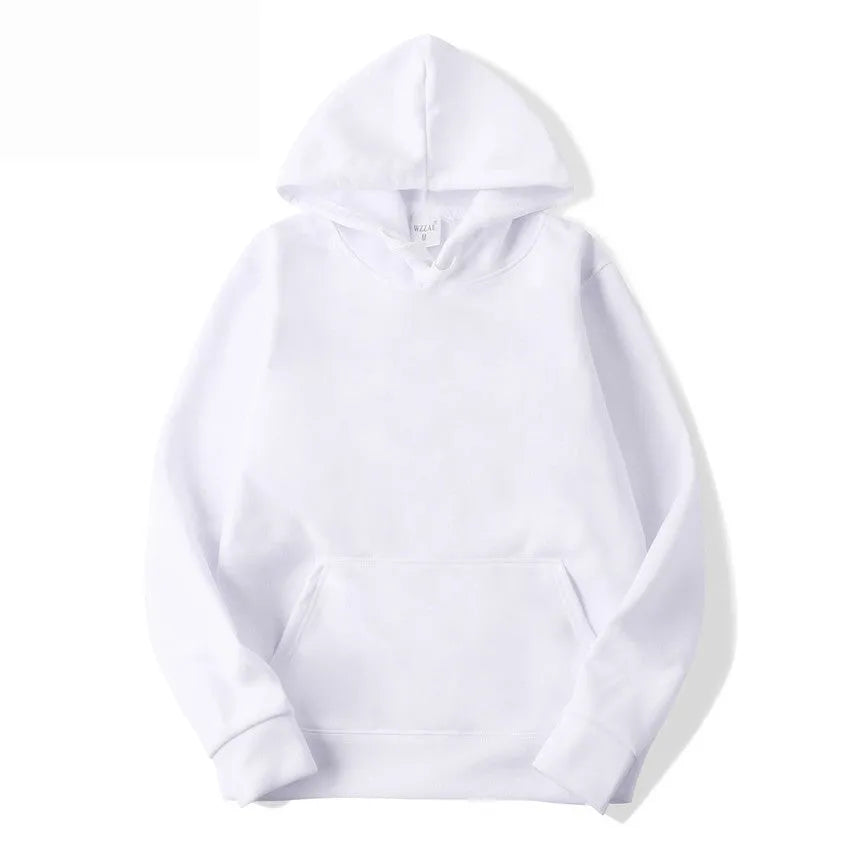 White cotton blend polyester hoodie with hood and long sleeves on hanger