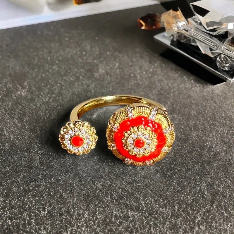 Adjustable copper ring with gourd motif, flower and bow shapes, zircon stones in six colour options