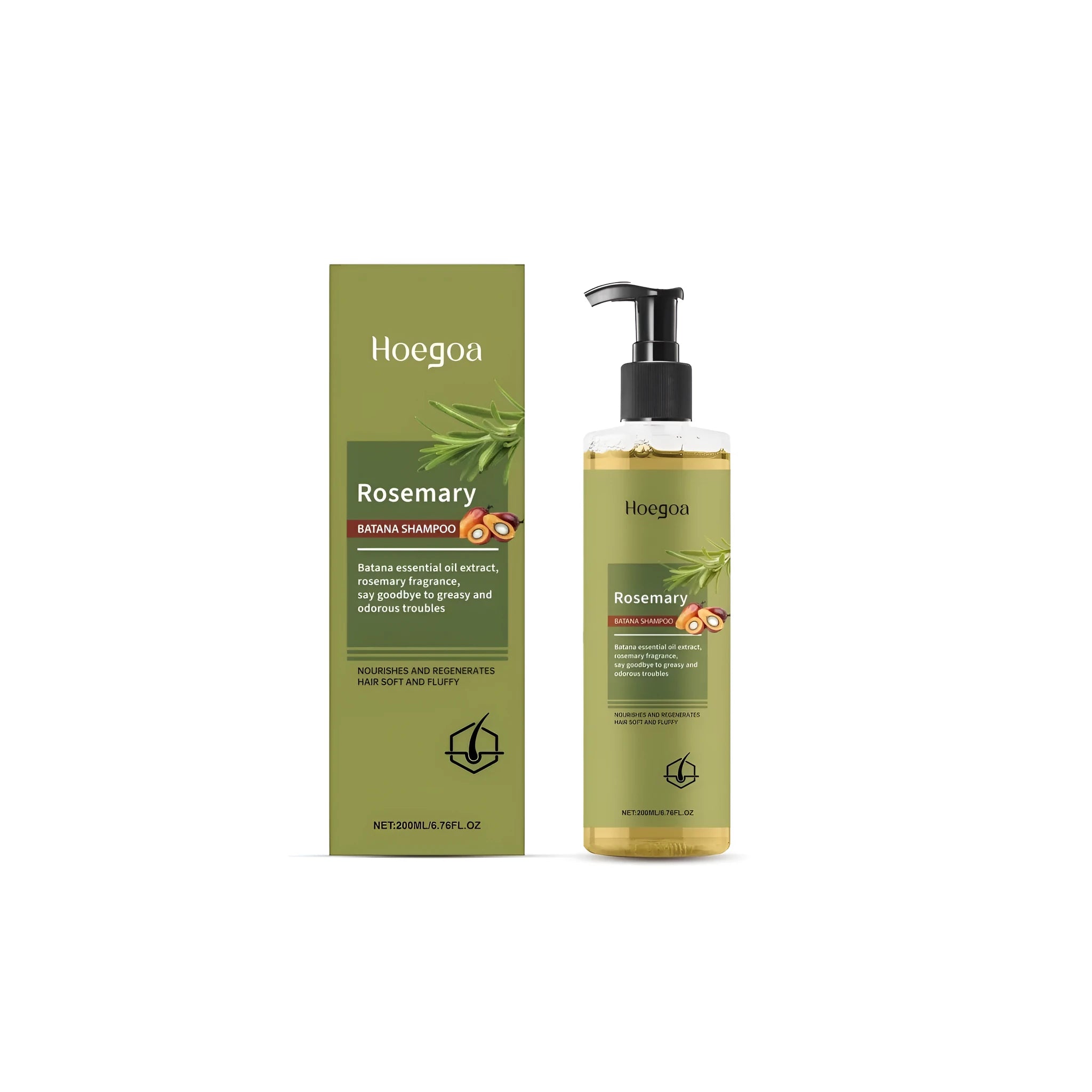 200ml bottle of Rosemary Hair Growth Shampoo with label showing key ingredients.