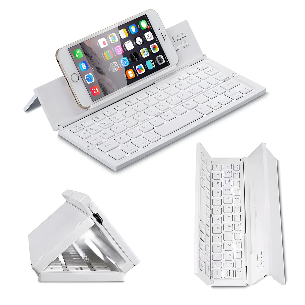 Black folding wireless Bluetooth keyboard for tablets with aluminium bottom and wrist support