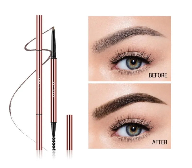Eye brow make-up pencil in colour box packaging with six shade options shown, tapered tip visible.