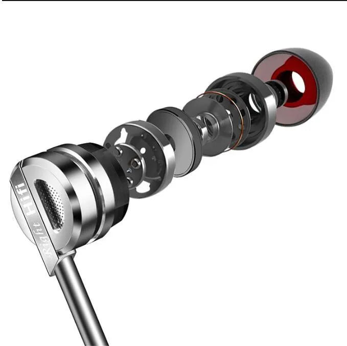 Black and silver metal HIFI in-ear headphones with inline microphone and control on cable.