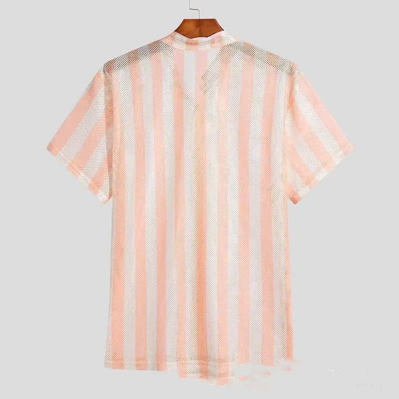 Men's pink waffle texture cardigan shirt with loose fit and short sleeves