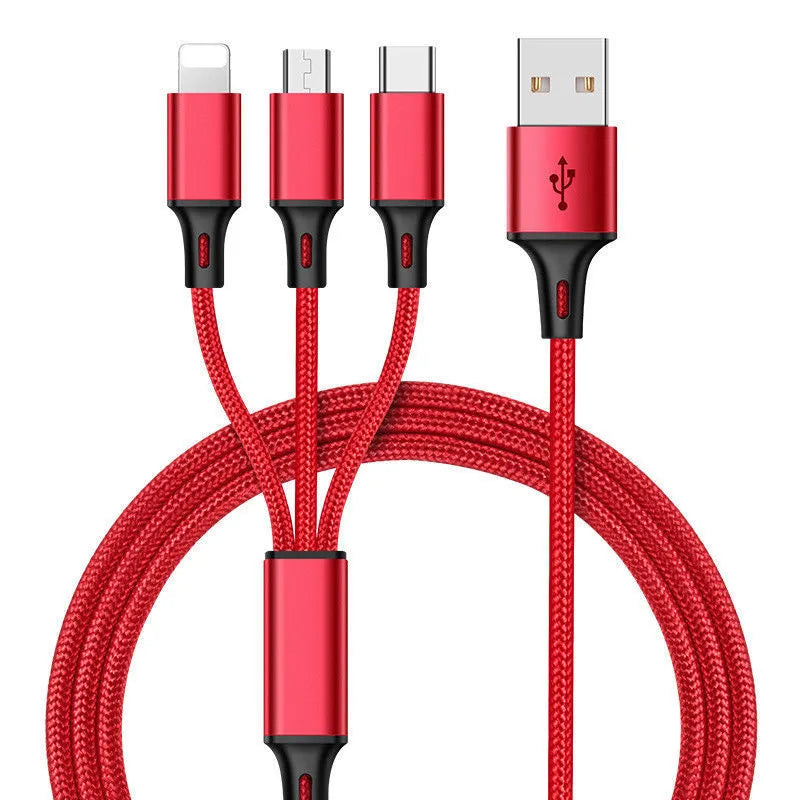 Braided 3-in-1 universal USB data cable in multiple colours, showing iPhone, Android, and Type-C connectors.