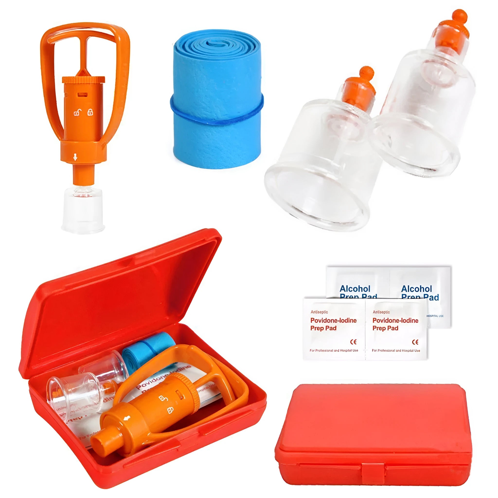 Orange portable first aid kit open, showing a venom suction pump, two suction cups, a tourniquet, and antiseptic swabs.
