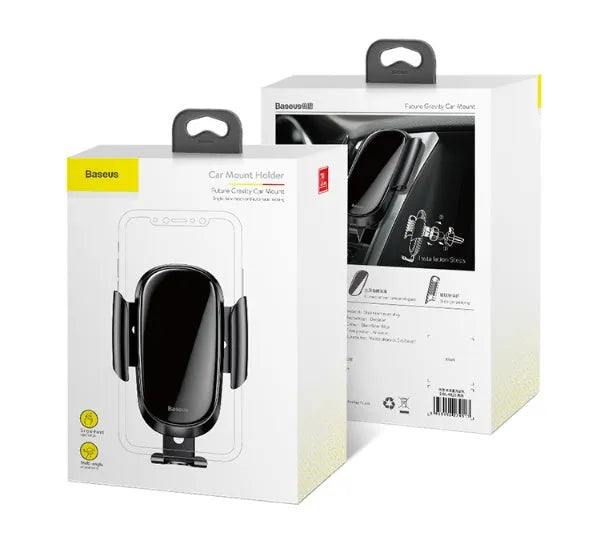 Universal smart car bracket in black mounted on a car dashboard holding a smartphone