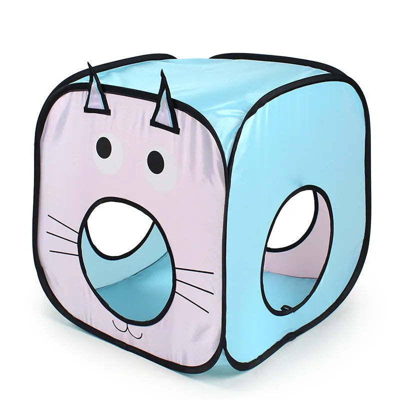 Foldable cat play tent and tunnel set with blue and white cat and fish print.