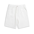Men's light blue denim casual shorts with a straight-leg cut and mid-waist design on a hanger.