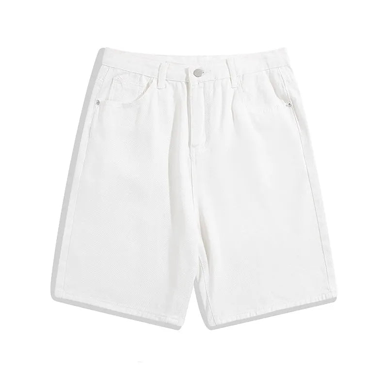 Men's light blue denim casual shorts with a straight-leg cut and mid-waist design on a hanger.