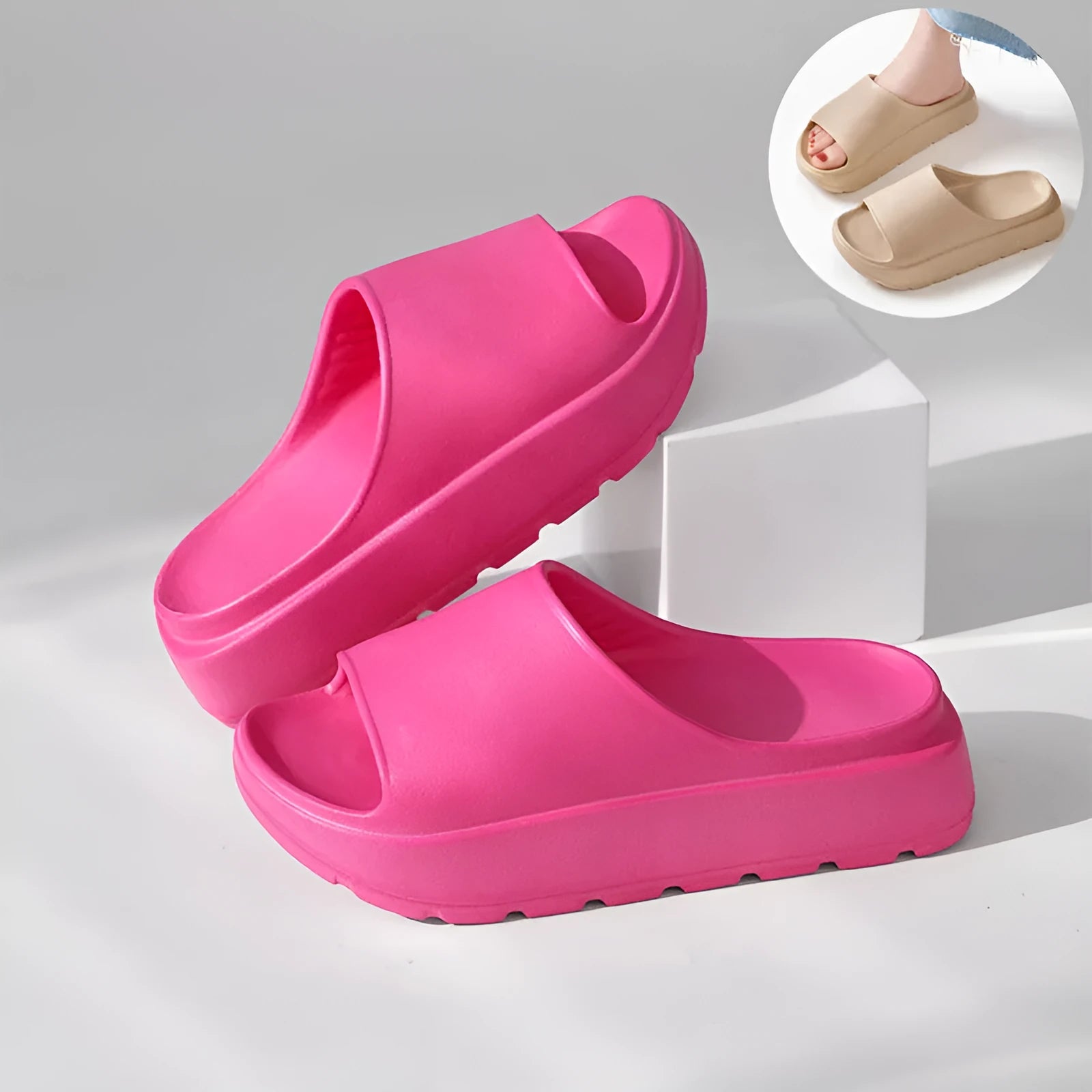 Women's fish mouth slippers with a thick 5.5cm light-coloured EVA sole, shown in beige.