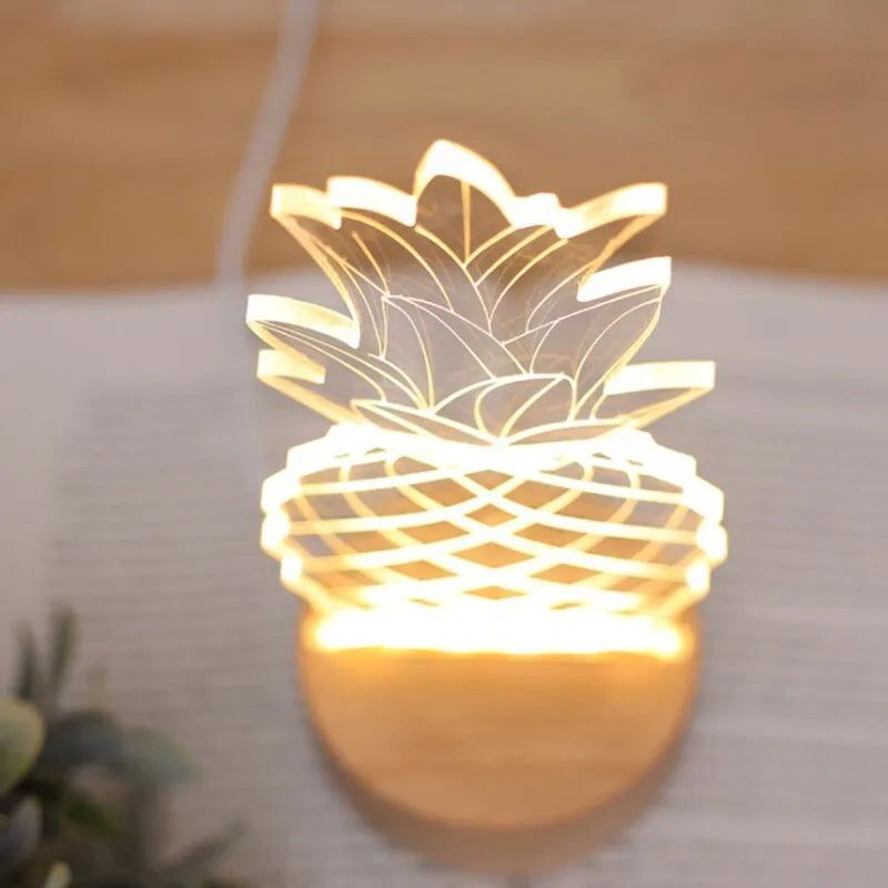 Pineapple-shaped wooden and acrylic bedside lamp with USB cable and dimmer controls