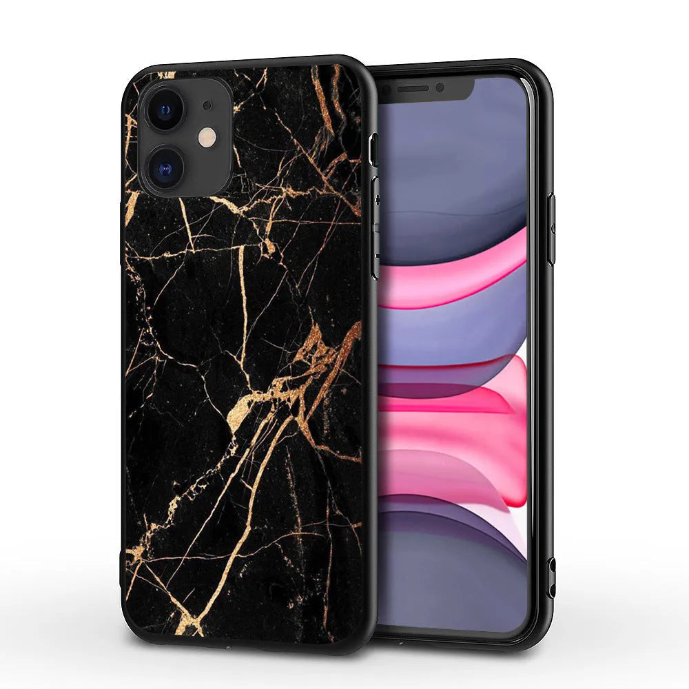 White marble pattern on a slim black iPhone case showing camera and port cutouts.