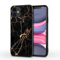 White marble pattern on a slim black iPhone case showing camera and port cutouts.