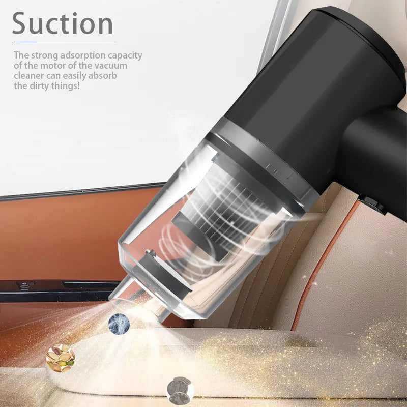 Black and white wireless car vacuum cleaner with 6000PA suction and washable filter cup for vehicle interior cleaning