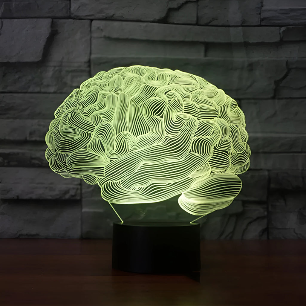 Brain-shaped 3D illusion LED desk lamp with multicolour light projection on acrylic plate and remote control.