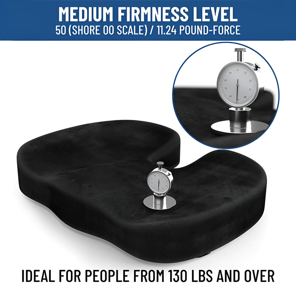 Black flannel U-shaped memory foam office seat cushion showing contoured design for hip support