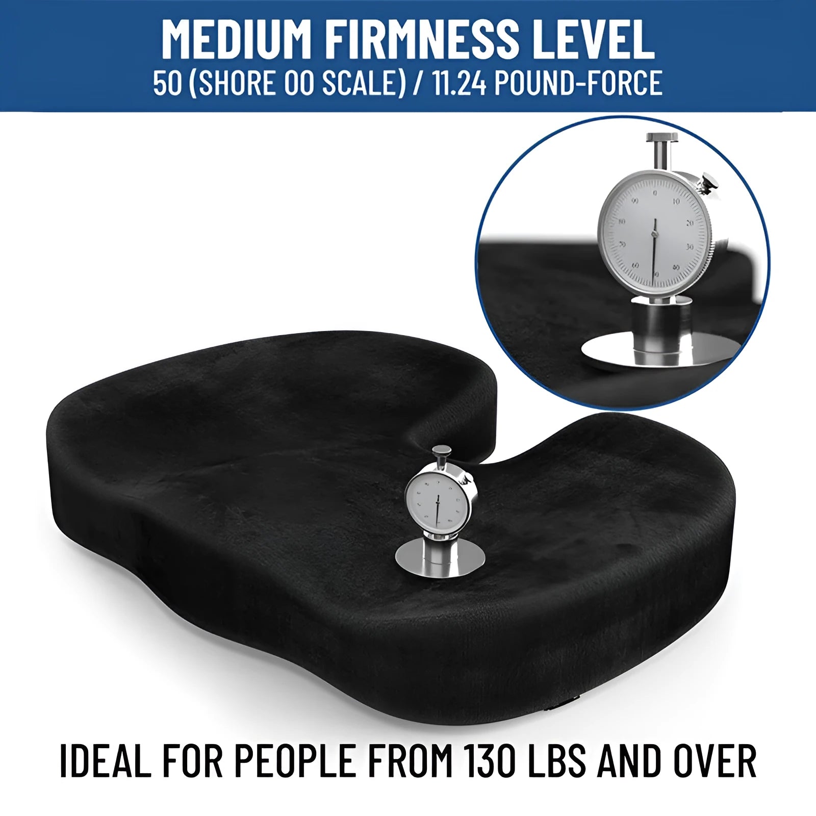 Black flannel U-shaped memory foam office seat cushion showing contoured design for hip support