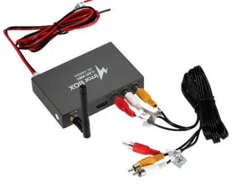 Black car mirror link box with Wi-Fi connectivity for smartphone screen mirroring to car audio systems