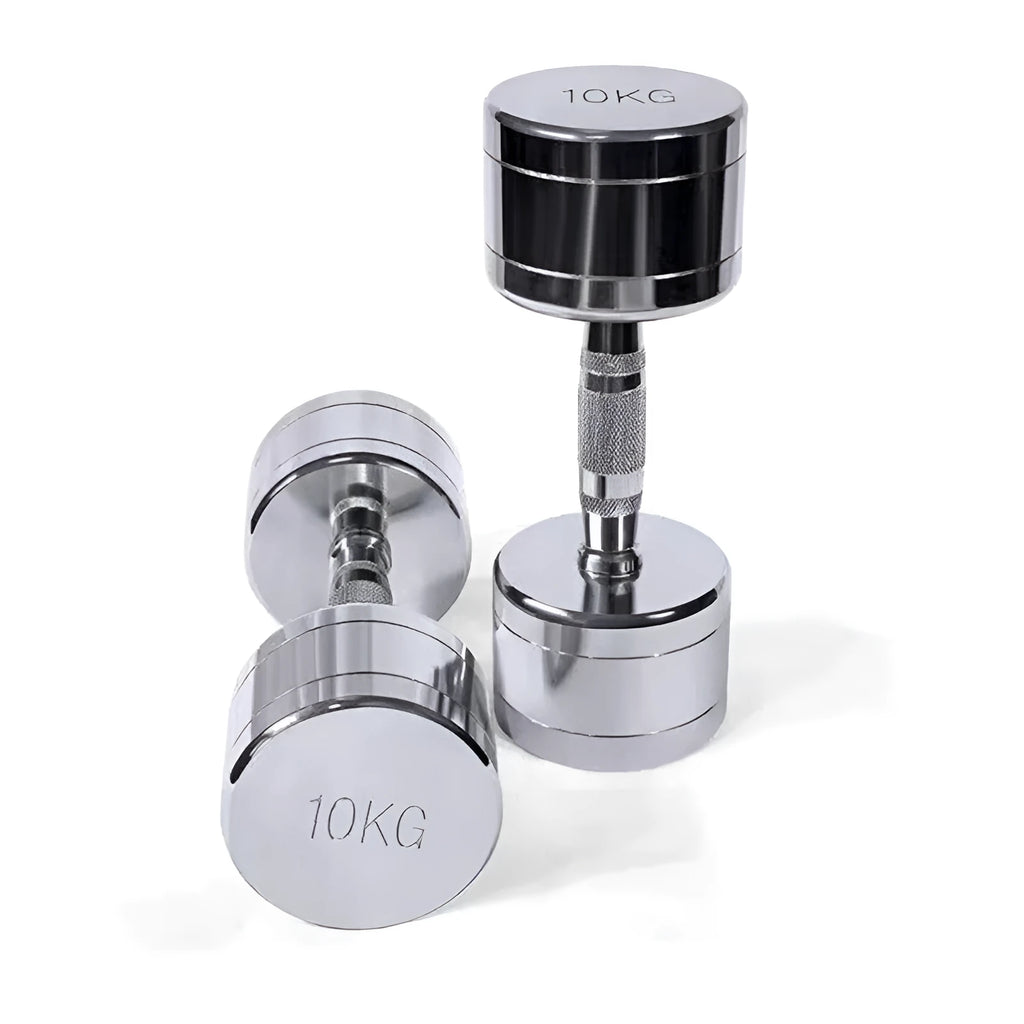 Silver electroplated pure steel dumbbell with ergonomic handle on grey background