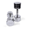 Silver electroplated pure steel dumbbell with ergonomic handle on grey background