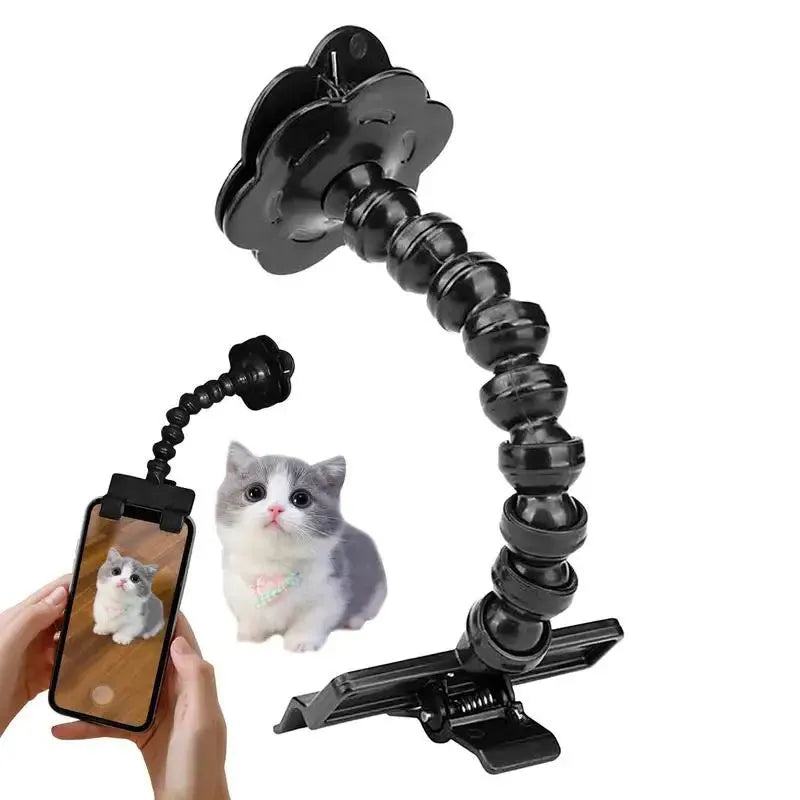 Black plastic pet selfie stick with treat clip extended to 15cm for mobile phone photography