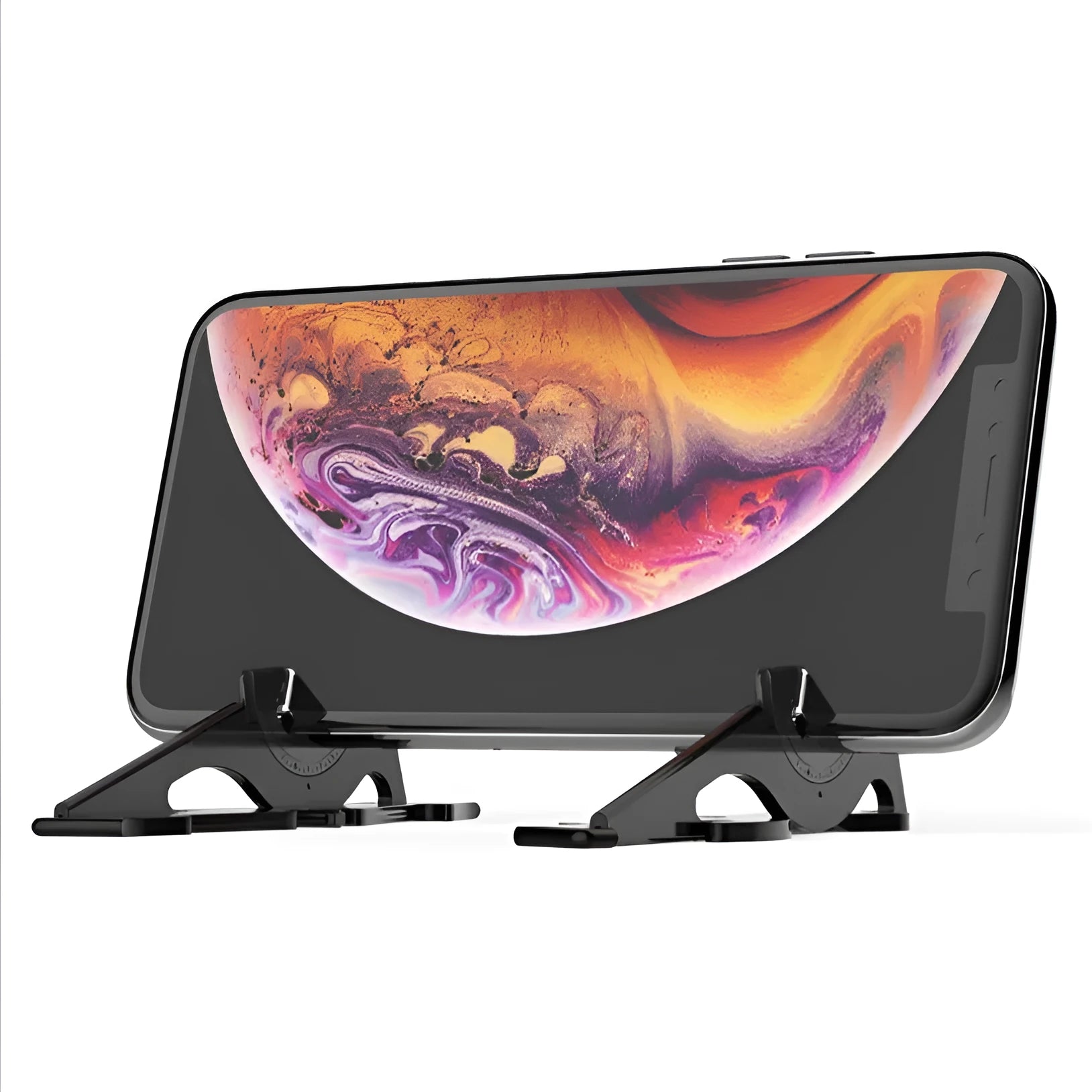 Black plastic card type mobile phone holder for desktop use on a wooden desk