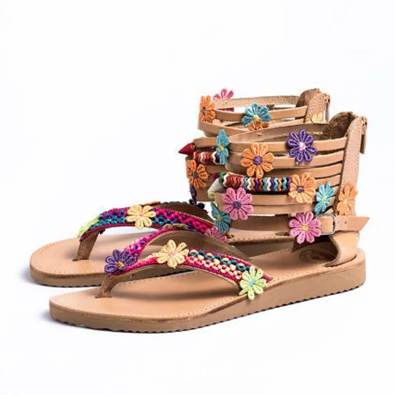Women's ethnic beaded petal Roman sandals with floral decoration on a brown PU upper